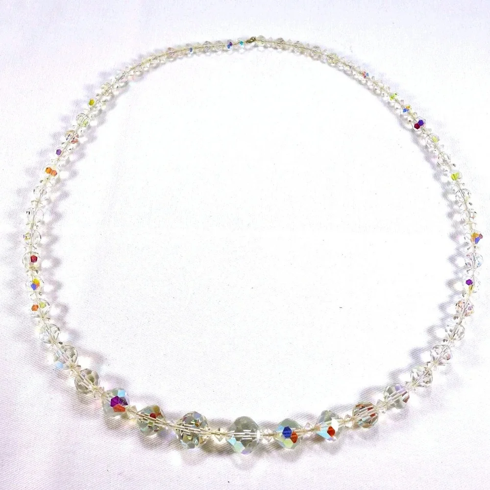 Vintage Aurora Borealis Crystal Graduated Beaded Necklace 20 Inch Clear AB